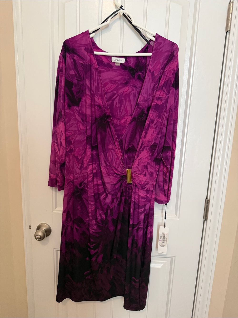 Calvin Klein Magenta Floral Wrap-Style Long Sleeve Dress